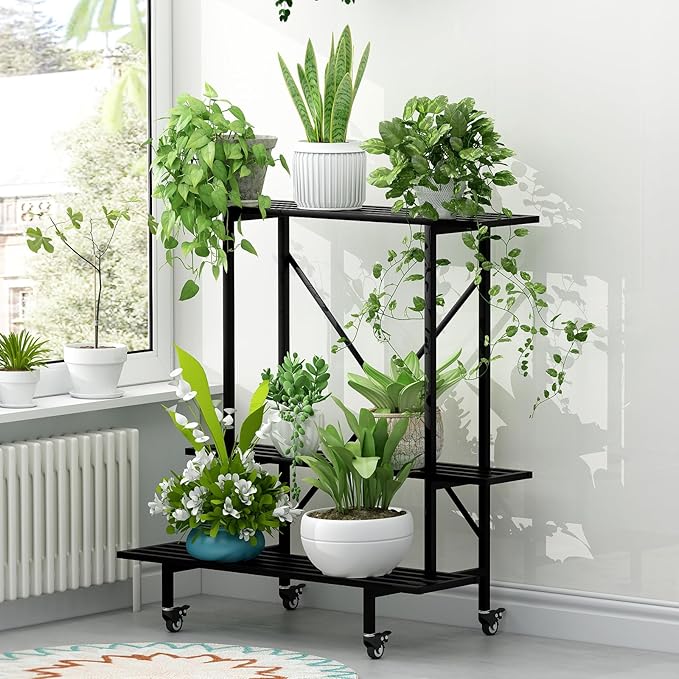Zhongma 3 Tier Plant Stand with Wheels, Heary Duty Metal Plant Stand, 35.43 L x 17.5 W x 38.6H . Space saving Plant Stand
