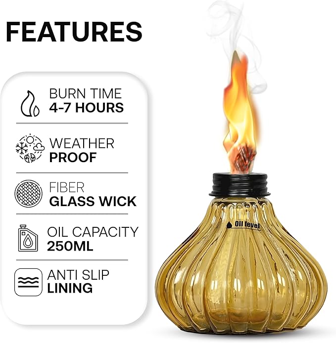 Deco Window Pack of 3 Table Torch for Indoor Outdoor Citronella Oil Tabletop Glass Lamp Landscape Yellow Lantern with Fiberglass Wick & Cap for Patio Garden Yard Party Decor Light