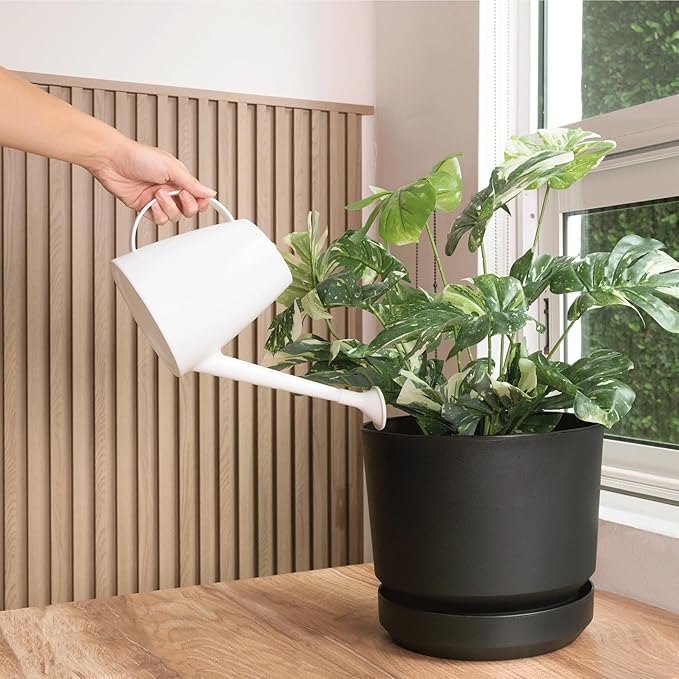 Elly Décor 10 inch Plastic Cylinder Planter Pot with Self-Watering Saucer and Drainage Hole,Lightweight & Extremely Durable, 10"x 10", Black