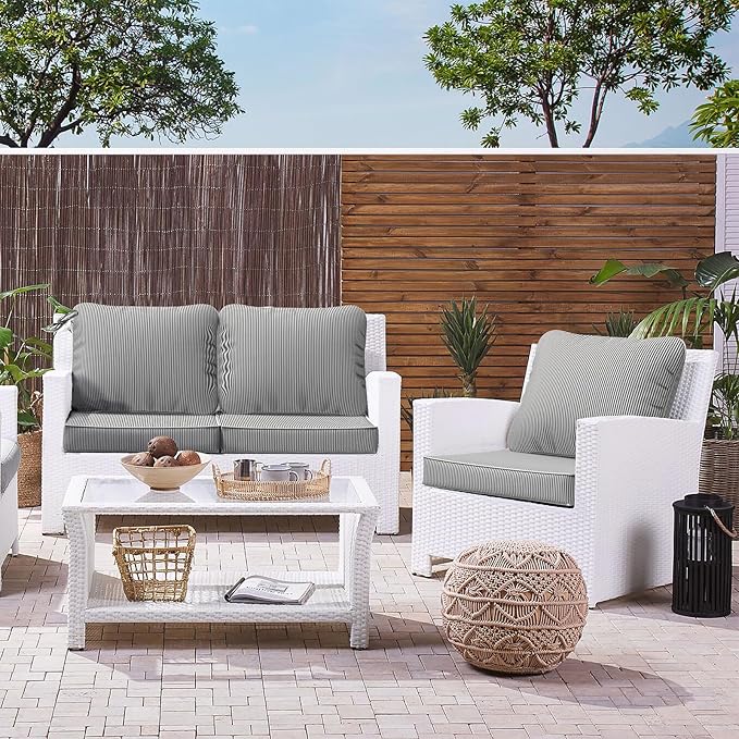 LVTXIII Outdoor Seat and Back Cushion Patio Deep Seat Cushion Set Seasonal Chair Cushion for Wicker Chairs and Garden Furniture Decoration, 24"x24"x4", Strip Grey