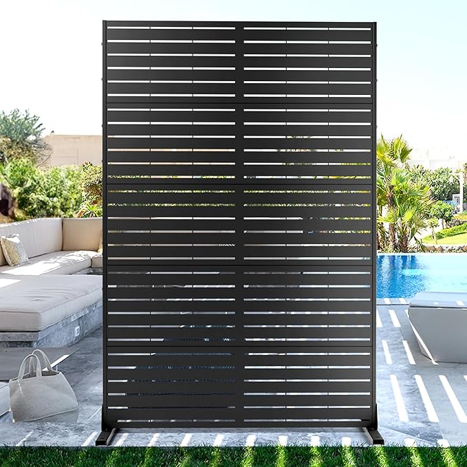 FENCY Metal Privacy Screen with Stand 72" H×44" W Outdoor Freestanding Privacy Panels, Outdoor Privacy Screen for Deck Patio Balcony(Black-Louvered)