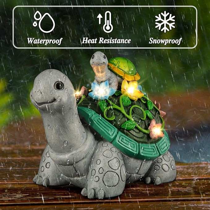 LESES Garden Statues, Turtle Solar Statue Garden Decor Clearance, Cute Turtle Figurines with Baby & 7 LED Solar Lights Lawn Decorations for Patio Yard Gifts for Mom Grandma Housewarming