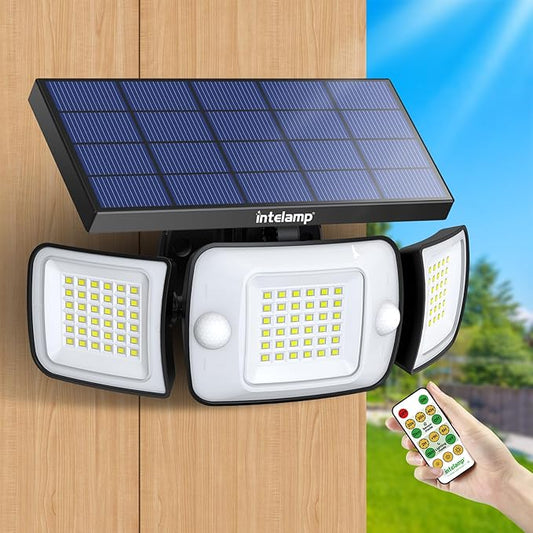 intelamp Solar Flood Lights Outdoor Waterproof, 6000mAh 1200LM Solar Powered Dual Motion Sensor LED Lighting Dusk to Dawn Security Floodlight Exterior with Remote for Outside Garden House Yard Porch