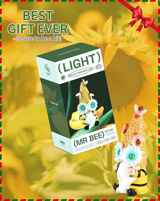 iStatue Garden Gnomes Outdoor Clearance with Solar Bee Lights - 9.5'' Resin Figurine Honeycomb Sunflower Spring Summer Decoration for Home Garden Decor Lawn Ornaments (Mr Bee Gnome)