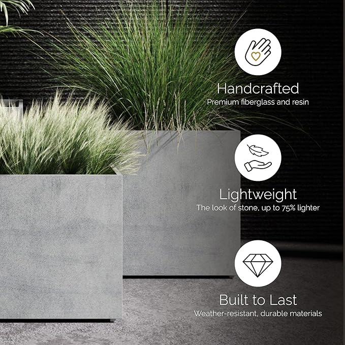 Reglito Cube Planter – Fiberglass Indoor/Outdoor and Weather-Resistant Large Planter (Grey Stone, 19.7" L x 19.7" W x 20.3" H)