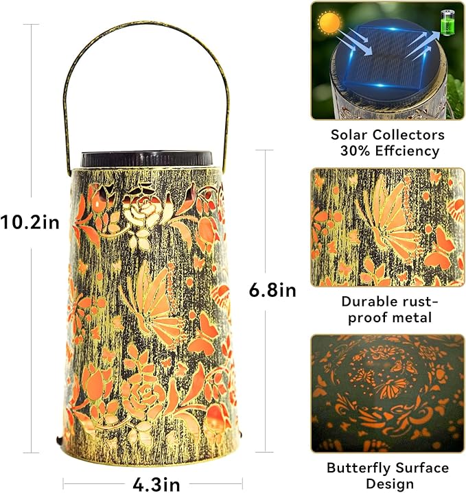 Solar Lanterns, Waterproof Hanging Metal Decorative Lights for Outdoor Use, Garden, Yard, Backyard, Porch, Table, Pathway - Butterfly Solar Powered Cool/Warm Light, 1 Pack
