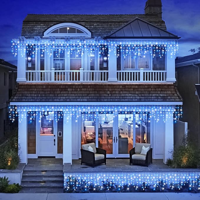 Christmas Icicle Lights Outdoor, 66Ft 640 LED Icicle Lights for Outside with 8 Modes Timers, Waterproof Plug in Twinkle String Light for Yard Eave Patio Party Holiday Decorations, Blue White