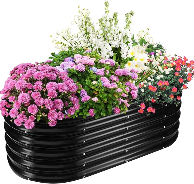 17" Tall Elevated Oval Metal Raised Garden Bed - 4ft x 2ft in Size and 0.8MM Thick Durable Planter Bed/Box for Vegetables Flowers Succulent at Patio/Garden Outdoor (Black, 4X2X1.4 FT)