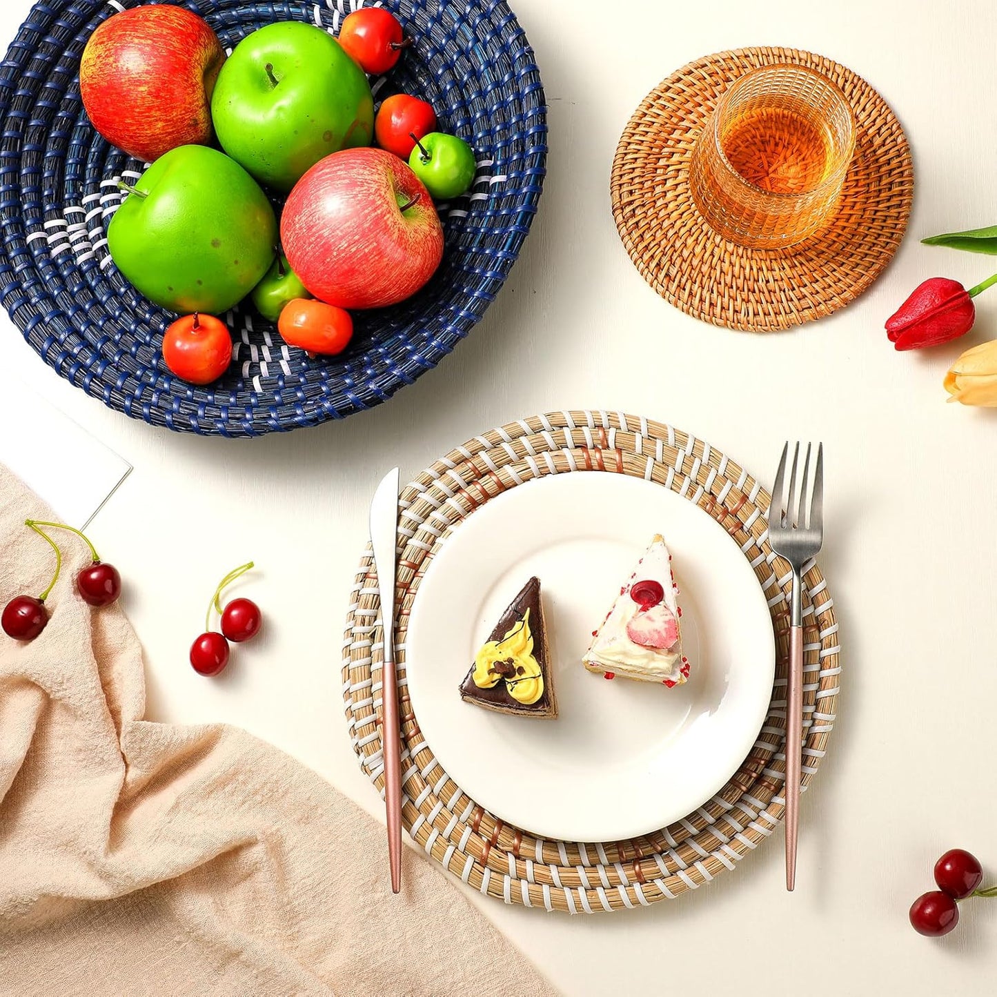 Xuhal Set of 8 Hanging Woven Wall Basket Handmade Decorative Rustic Boho Basket Decor Handcrafted Wicker Round Seagrass Wall Art for Home Kitchen Farmhouse Table Living Room