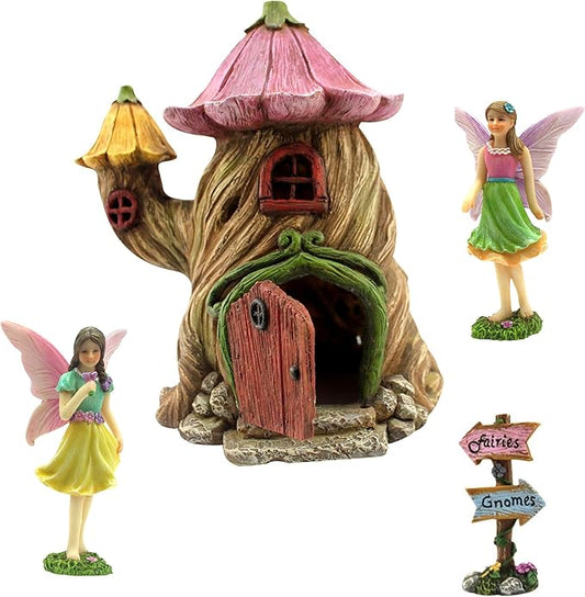 Fairy Garden Houses - Fairy House & Fairy Figures - Fairy Garden Ornaments & Fairies for Fairy Garden - Fairy Houses Kit - 4 Pieces