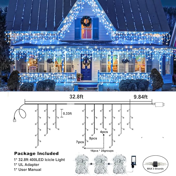 Icicle Lights for Outside, 33FT 400 LED Christmas Lights Outdoor with Waterproof 8 Modes, Plug in Connectable String Twinkle Light for Indoor Home Roof Window Garden Wedding Decorations, Blue White