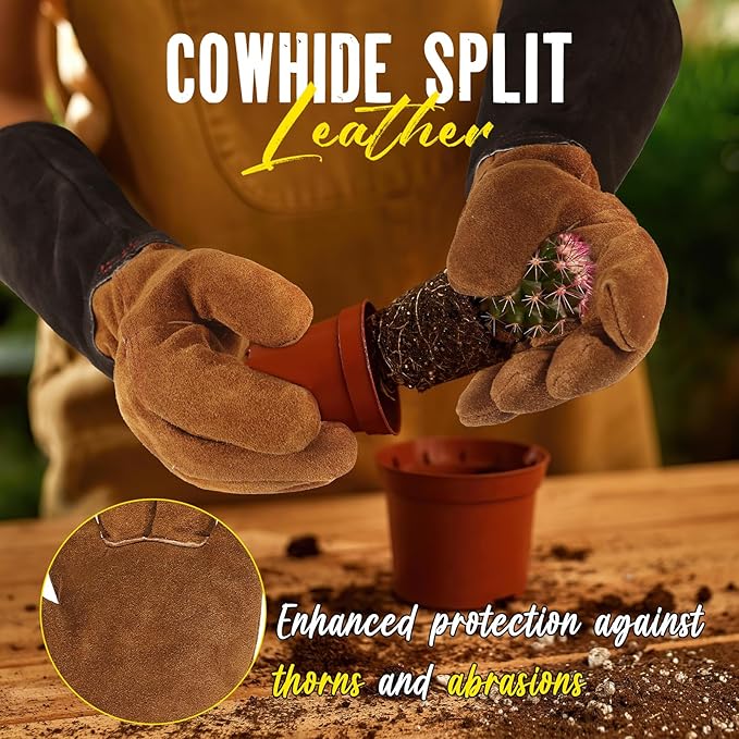 HANDLANDY Leather Gardening Gloves for Men & Women, Rose Pruning Thorn Proof Garden Glove, Long Sleeve Gauntlet Gloves (Black-brown, X-Large (Pack of 1))