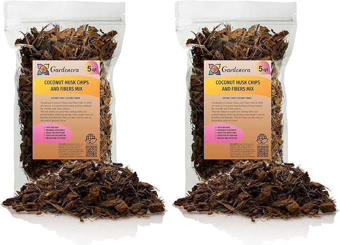 Premium Coconut Husk Chips and Fibers Mix for Orchids - 10 Quart - Houseplant, Monstera and Fiddle Leaf Fig by GARDENERA (2 Bags of 5 Quart)
