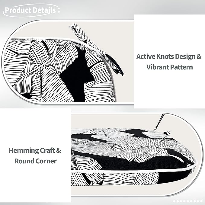 Indoor/Outdoor Chair Cushions 16x17 Inch, Patio Chair Cushions with Ties, All Weather Seat Cushions for Patio Furniture Home Garden Chair Use, Set of 4, Black Lush Leaves