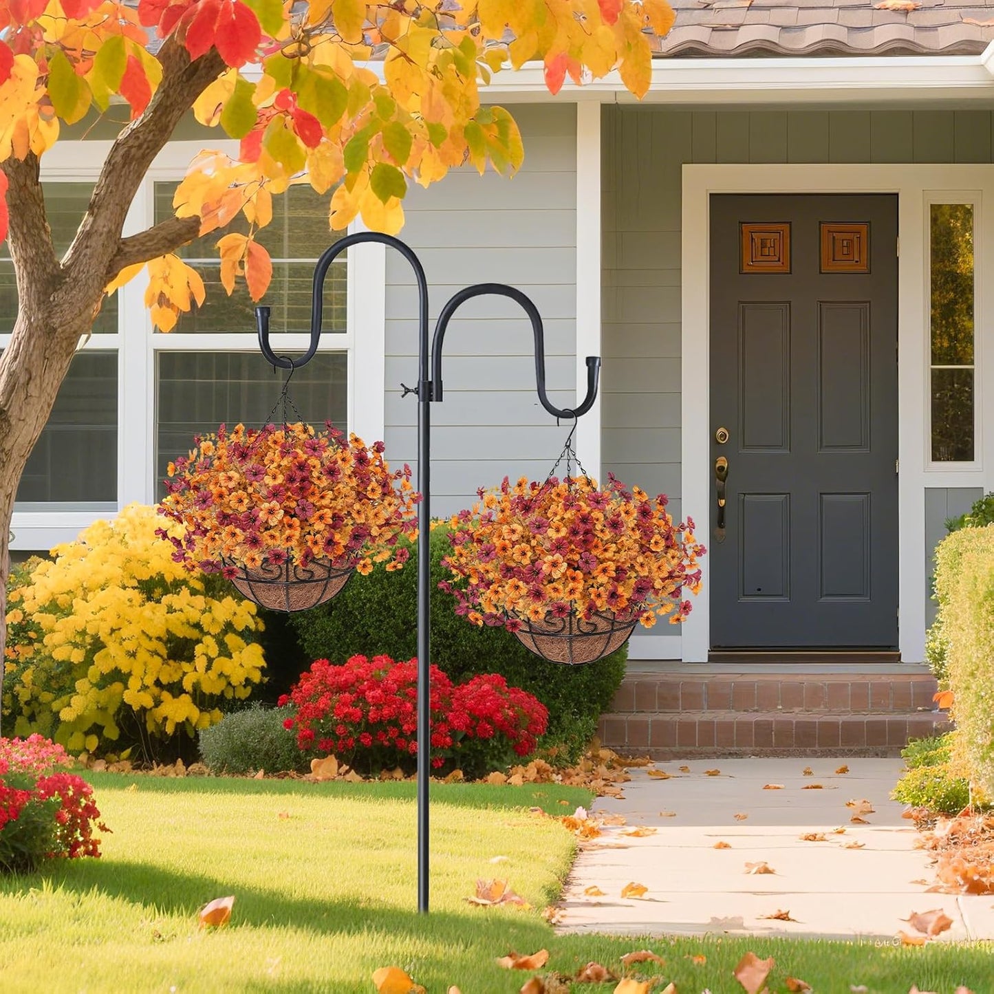 2Pack Fall Artfiticial Hanging Flowers Baskets for Outdoors, UV Resistant Fake Fall Hanging Plants, Faux Orange Flowers for Autumn Home Patio Front Porch Balcony Decor (Yellow Red)