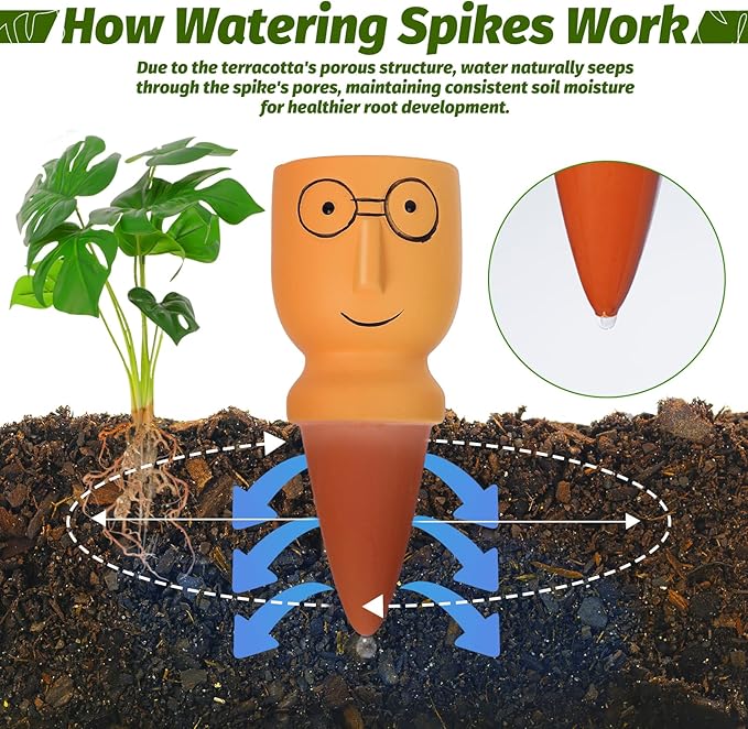 Terracotta Self Watering Spikes, 4 Pack Self Watering Planter Insert, Vacation Plant Slow Release Watering Devices for Indoor Outdoor Plants, Big Head