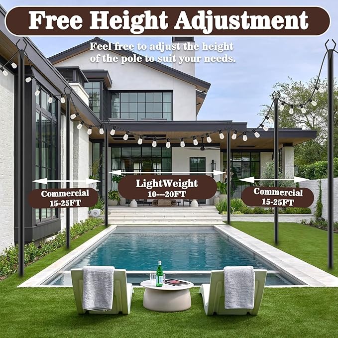 10Ft String Light Poles 6 Pack,Light Poles for Outside Lights,Outdoor with Fence Brackets Hanging Lights,Metal Stand Deck Patio Backyard