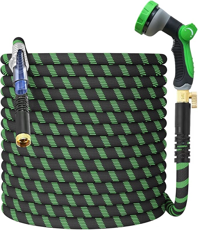 Non-Expanding Garden Hose 100Ft, Flexible Kink Free Water Hose with 10 Watering Spray Nozzle, Lightweight Hose Pipe, Leak-Proof, Durable, 3/4" Metal Alloy Connector, Portable Storage Strap