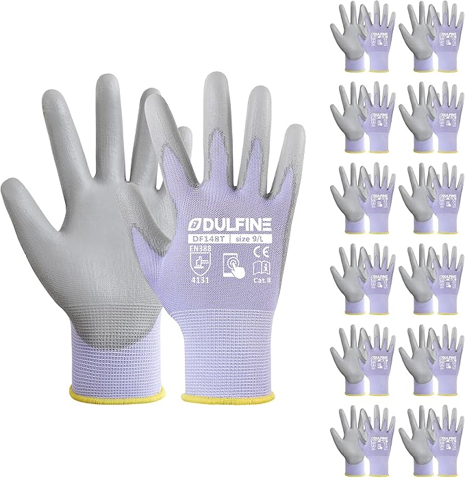 DULFINE Work Gloves for Men PU Coated 12 Pairs Bulk Pack,Purple Seamless Knit Glove with thin Polyurethane,Two Finger Touchscreen, for Men and Women, Ideal for Light Duty Work. (Small)