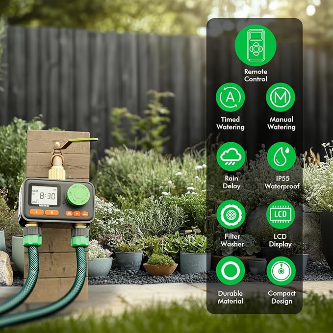 RESTMO RF Remote Controlled Sprinkler Timer with Brass Inlet & Outlet, Water Timer for Garden Hose, Automatic/Manual/Rain Delay for Outdoor Faucet, Drip Irrigation and Lawn Watering, 2 Outlet