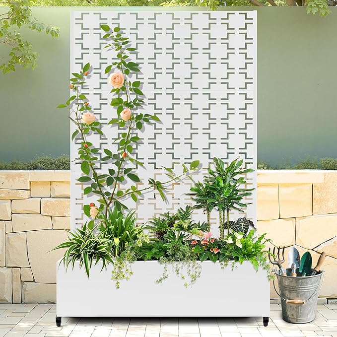 Raised Garden Bed with Trellis and Wheels,73"x47"x16" Metal Raised Garden Bed,White Squared Metal Planter with Climbing Trellis for Vines & Vegetables