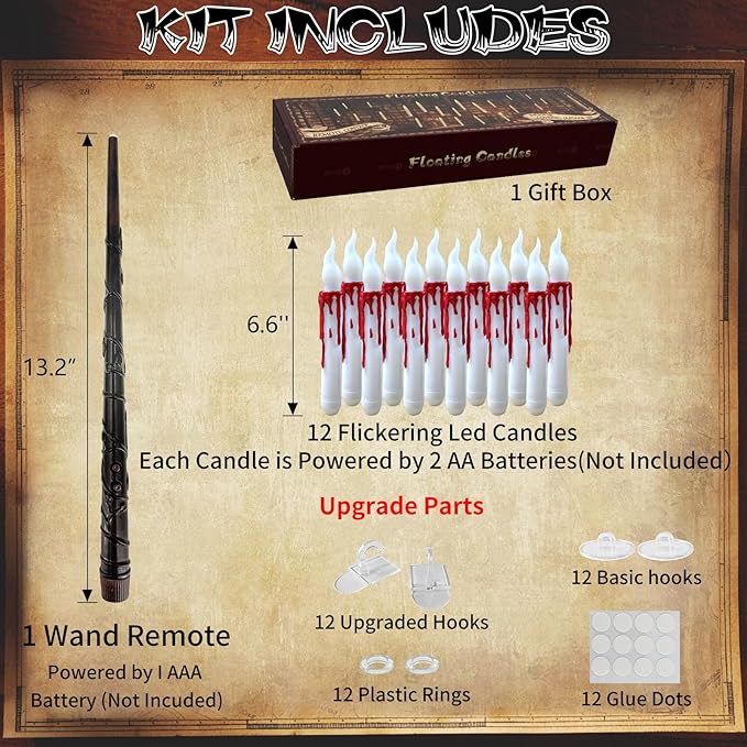 Halloween Decorations, 2023 Newest Floating LED Candles with Wand Remote Control, Witch Wizard Christmas Decor for Indoor Home Room Classroom Bedroom Birthday Party, 12pcs (White & Red), 6.6