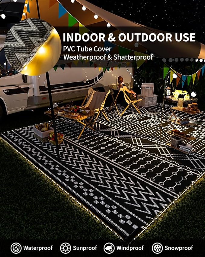 Outdoor Rug Carpet Waterproof 8x10 ft with LED Strip Lights-Patio Rug Mat Indoor Outdoor Rug for RV Camping Picnic Reversible Lightweight Plastic Straw Outside Rug for Patio Decor Decoration Boho Rug