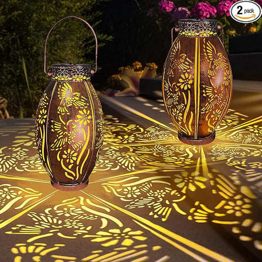 pearlstar 2 Pack Decorative Solar Lantern Lights for Hanging or Table Outdoor Solar Light for Patio Yard Garden Lawn Landscape Lighting Waterproof, Gift for Wamen Men Mom, Warm Lights,Hummingbird