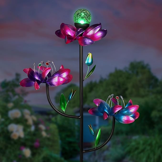 Exhart Garden Solar Lights, Lotus Flower Wind Spinner Garden Stake with Color Changing LED Crackle Ball and 3 Flowers, Outdoor Garden and Yard Decor, 20.5 x 70 Inch
