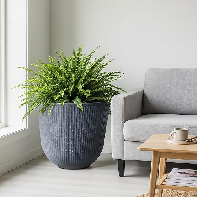 WORTH Garden Round Large Planter Pot Set of 2-17.5" Dia x 15.5" H - Durable Plastic Grey Plant Tree Pots with Vertical Stripe Textured Finish, Drainage Hole for Indoor, Outdoor, Front Porch, Patio
