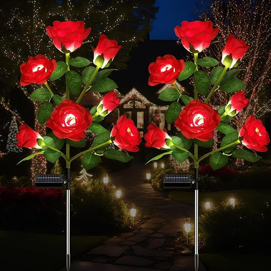 2 Pack Solar Garden Lights Outdoor, 7-Flower Rose LED Stake Light for Yard Patio Pathway Lawn Fence Cemetery, Red