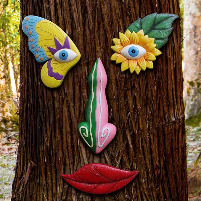 Tree Faces Decor Outdoor,Funny Tree Faces Sculpture,Colorful Fence Decorations Outdoor,Suitable for Yard and Garden Art Décor(1pcs,Colorful Butterfly)