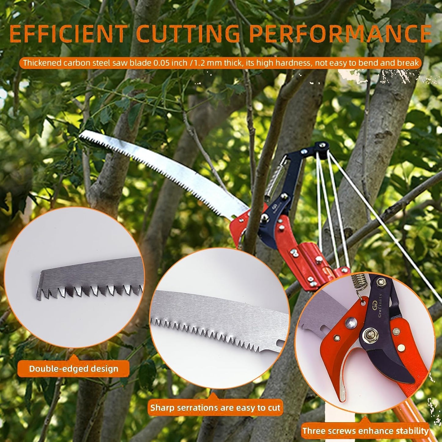 27FT Manual Pole Saw, Tree Branch Trimmer with 8-Section Fiberglass Handle, Sharp Steel Blade and Scissors, Lightweight Extendable Design for High Branch Trimming,Orange