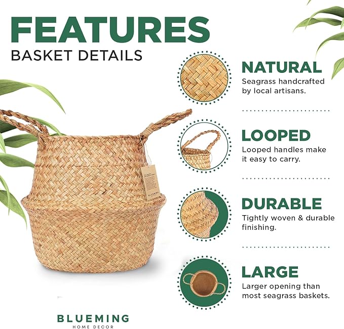 Tree Basket – Wicker Seagrass Planter for Tall Indoor Fake Olive House Plants, Decorative Rattan Baskets for 7-8 Inch Small Plant Pots (Original, Medium)