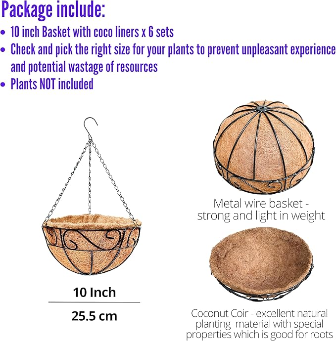 LaLaGreen Hanging Planter for Outdoor Plants (6 Pack, 10 Inch) Hanging Baskets with Coco Liner, Metal Wire Flower Basket Pots with Hook Hanger Balcony Porch Farmhouse Country Style Garden Decor