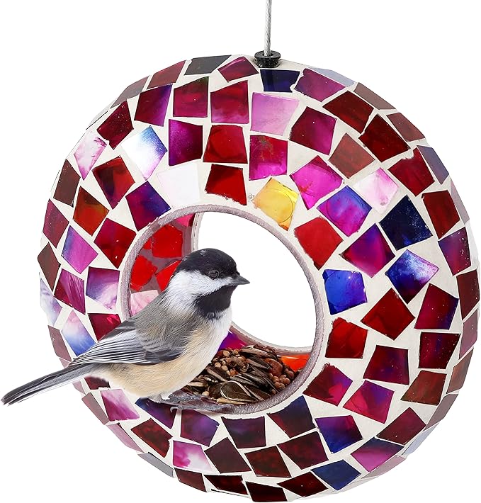 Sunnydaze 6-Inch Glass Mosaic Hanging Bird Feeder for Outdoors - Fly-Through Wild Bird Feeder - Crimson Mosaic