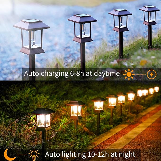 Solar Pathway Lights Outdoor Waterproof IP65, Brown Solar Lights Outdoor with Hook 6PK, Upgraded 1000mAH Battery, Up to 12Hrs, Auto On/Off, Garden Decor for Yard, Driveway, Walkway (Bulb)