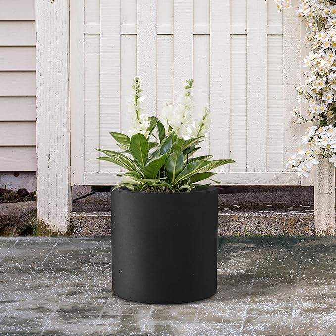 Kante 9.8" Dia Round Concrete Planter, Modern Style Large Cylindrical Plant Pot with Drainage Hole and Rubber Plug for Indoor Outdoor Patio, Black