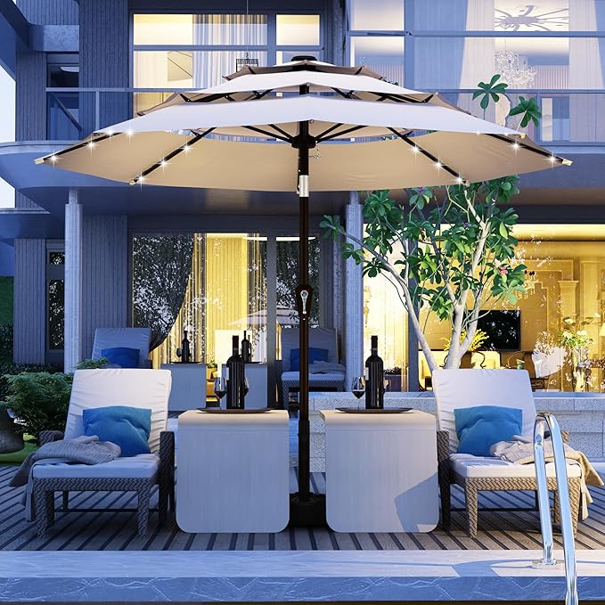 Kingdura 9ft 3-Tier Patio Umbrella with Solar Lights, Table Umbrella Outdoor Patio with Easy Crank & Tilt, 8 Sturdy Ribs, UV Protection, 32 LED Lights for Deck, Poolside, Market (Beige)