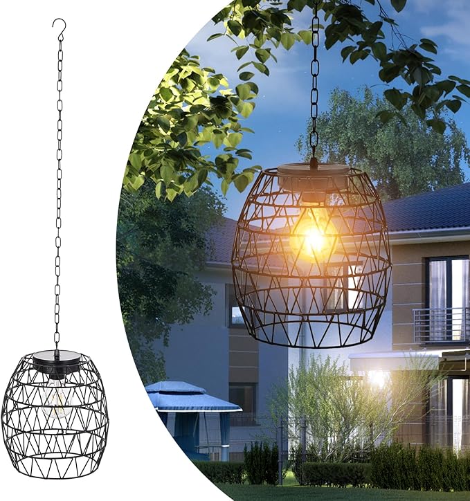 Hanging Solar Lantern Outdoor Waterproof, Metal Lantern Bright Solar Outdoor Lights with Edison Bulb for Garden Patio Yard Decoration