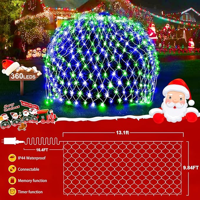 KNONEW 2-Pack 360 LEDs Christmas Net Lights 13ft x 9.8ft Outdoor Mesh Lights Connectable Waterproof 8 Modes & Timer Plug-in Net Fairy Lights for Bushes Garden Party Wedding Holiday,Blue and Green