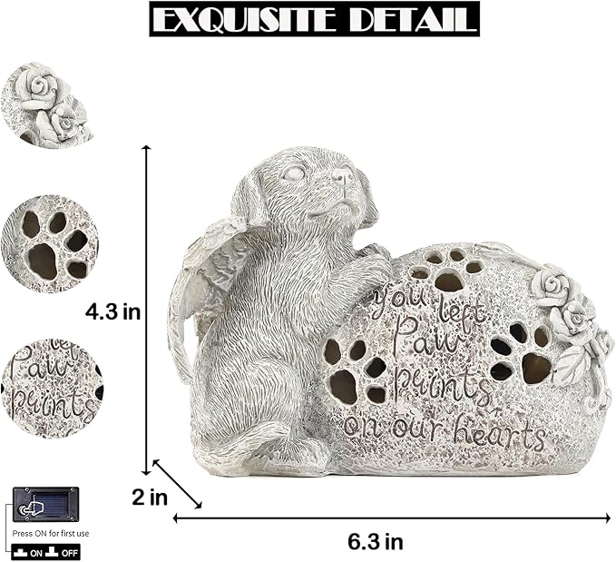 Dog Memorial Gifts Outdoor Statue with Solar Lights,Outdoor Resin Pet Ornament Grave Memorial Angel Decor Stone Effect