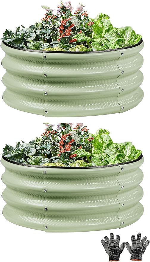 2 Pcs 2x2X1 FT Round Galvanized Raised Garden Bed Kit, Light Green Outdoor Planter Garden Bed, Metal Raised Box for Vegetables, Fruits, Flowers & Herbs