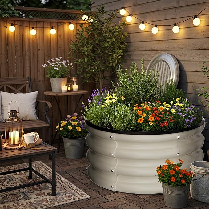 ZXZYHFTY Round Galvanized Raised Garden Bed kit,White Outdoor Garden Raised Planter Box, Round Large Metal Raised Garden Beds for Vegetable 2 * 2 * 1ft 3 Pcs