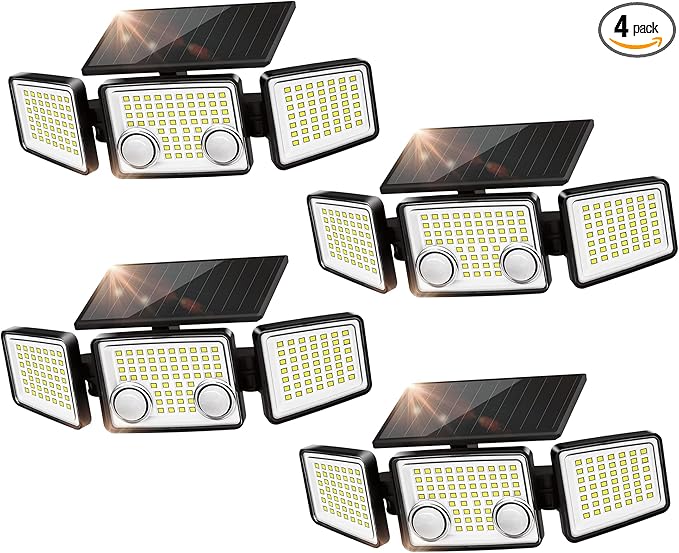 UME Solar Outdoor Lights 3000 Lumen 7000K, 152 LED Super Bright Motion Sensor Outdoor Lights with 2 Sensors, IP65 Waterproof 270 Wide Angle Solar Flood Lights with 3 Modes for Garden - 4 Pack