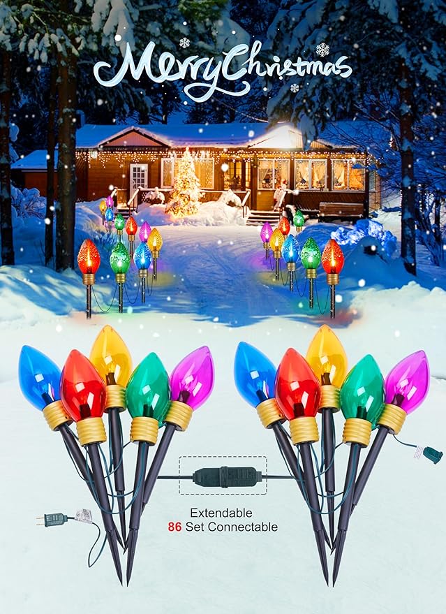 4 Pack Christmas Lights Jumbo C9 Outdoor Lawn Decorations with Pathway Marker Stakes, 10.5Ft C7 Lights Covered Jumbo Glitter Multicolor Bulb for Holiday Outside Yard Garden Decor