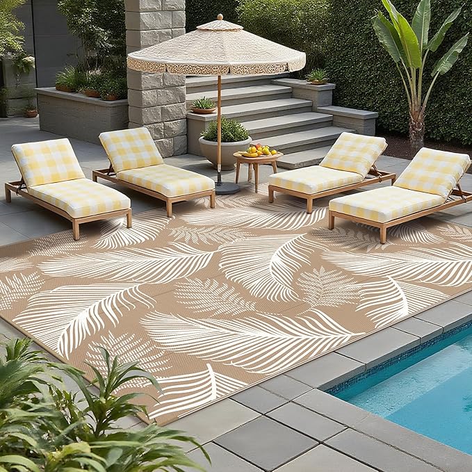 Pauwer Waterproof Outdoor Rug 9x12, Reversible Plastic Straw Patio Camping Rug, Indoor Outdoor RV Mat Carpet for Deck, Camper, Porch, Balcony, Backyard, Picnic, Leaf Brown