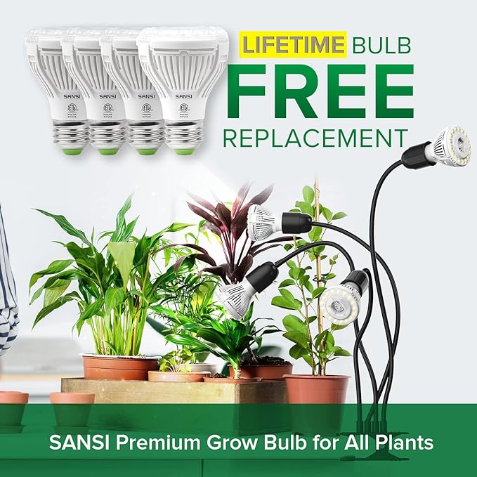 SANSI LED Grow Lights for Indoor Plants, Lifetime Free Bulb Replacement, 600W Full Spectrum 4-Gooseneck Clip Plant Grow Light, Plant Light with Timer 4/8/12 Hrs, High PPFD Growing Power Grow Lamp