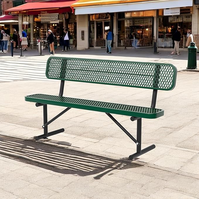 Heavy Duty Park Bench with Back Portable Frame, Outdoor Steel Bench with Backrest, Outdoor Park Bench Expanded Metal Mesh Bench for Lawn, Park, Deck, Garden, Patio, Porch, Black (Green, 6FT)