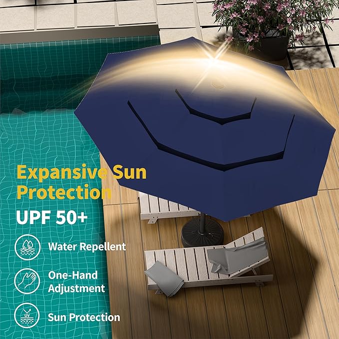 Kingdura 10ft 3-Tier Patio Umbrella with Solar Lights, Table Umbrella Outdoor Patio with Easy Crank & Tilt, 8 Sturdy Ribs, UV Protection, 32 LED Lights for Deck, Poolside, Market (Navy blue)